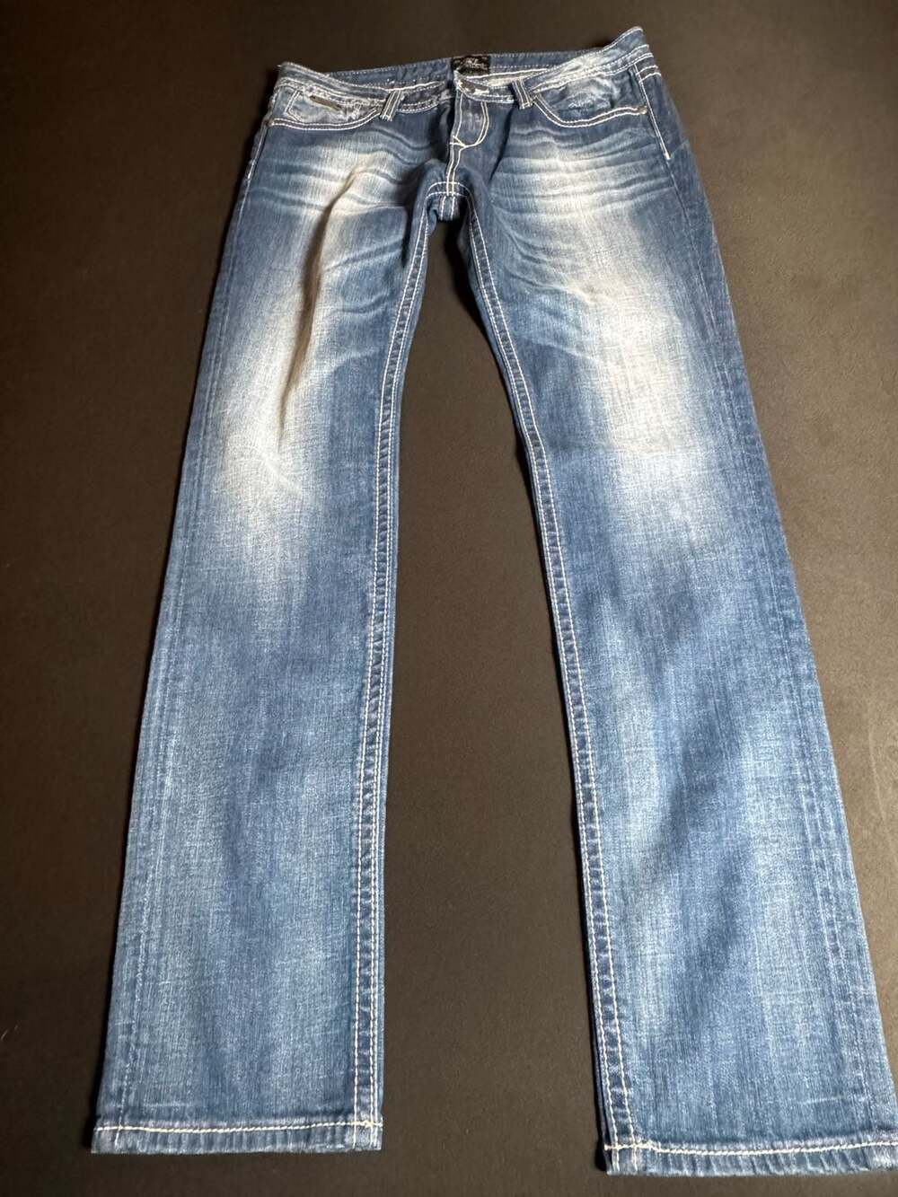 Rerock For Express Jeans Blue Denim Distressed Thick Stitch Embroidered Pockets
